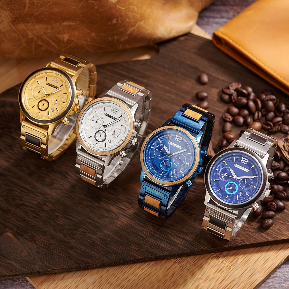 BOBOBIRD Orologio da uomo color dorato Movimento al quarzo giapponese Cinturino in legno di ebano e cassa in acciaio inossidabile Logo personalizzato Marchio o nome