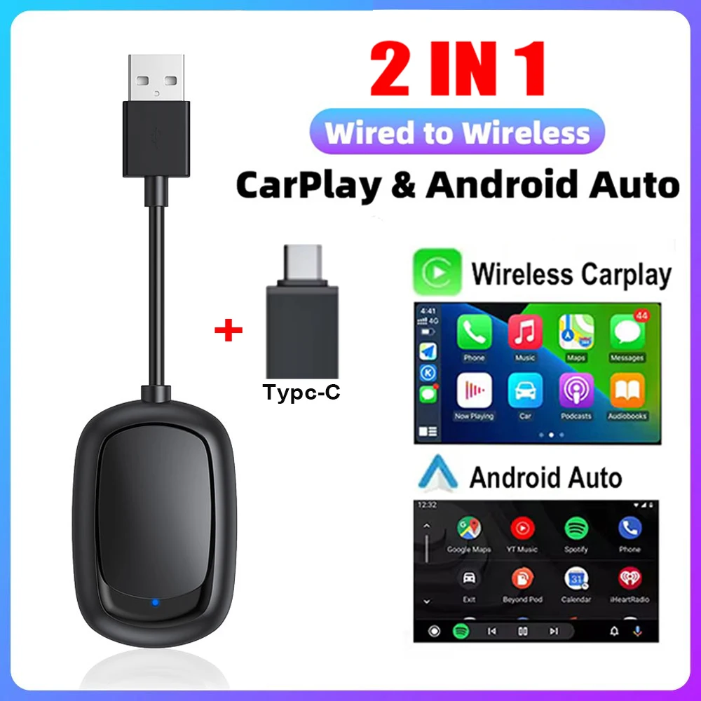 

2 In 1 CarPlay & Android Auto Mini Ai Box Wireless Carplay Adapter Wired to Wireless Bluetooth WiFi Connect Plug and Play