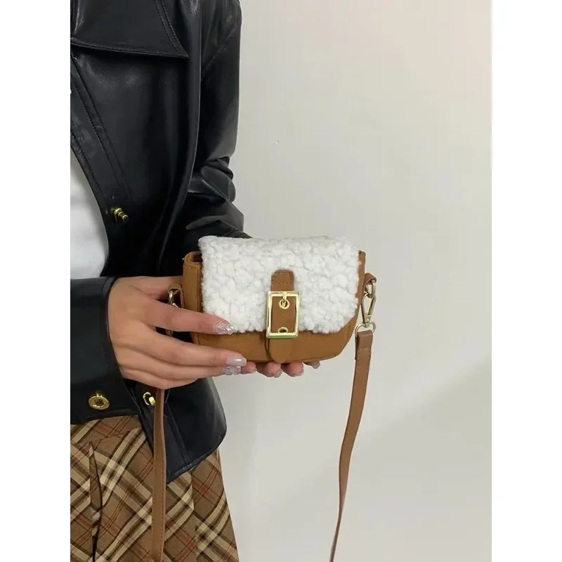 Lamb Wool Stitching Deerskin Small Bag European and American Fashion Crossbody Bag Ins Mini Lipstick Bag 2023