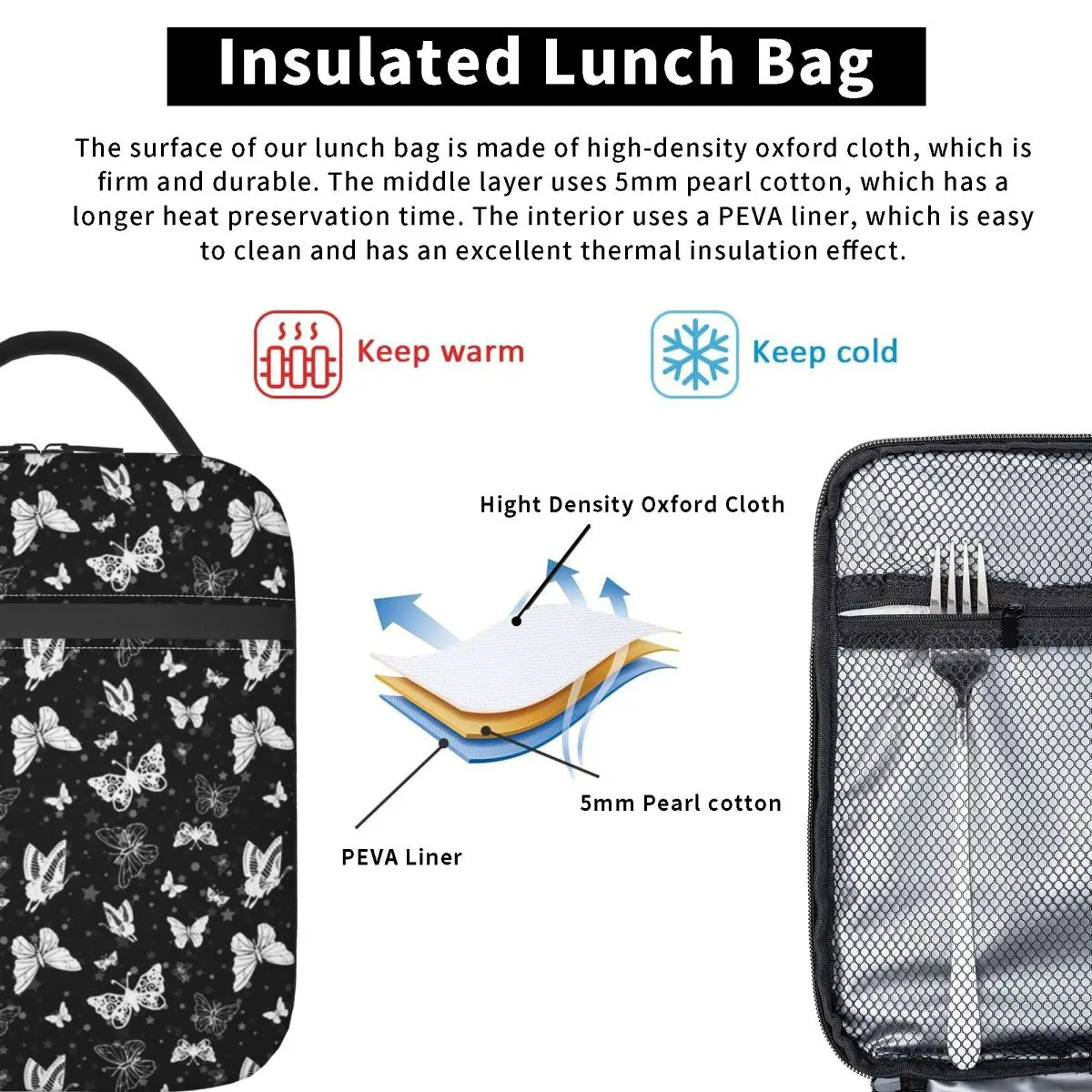 Black White Hollow Butterfly Pattern Insulated Lunch Bag for Women Kids Portable Food Boxes Thermal Lunch Box Tote