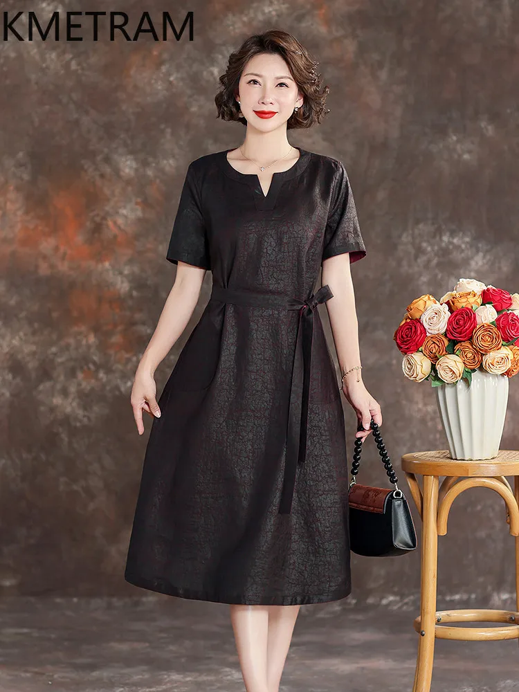KMETRAM 100% Mulberry Silk Xiangyunsha Dress for Women 2026 Summer Craked Texture Short Sleeved Waist Belt Long Dress Ropa Mujer