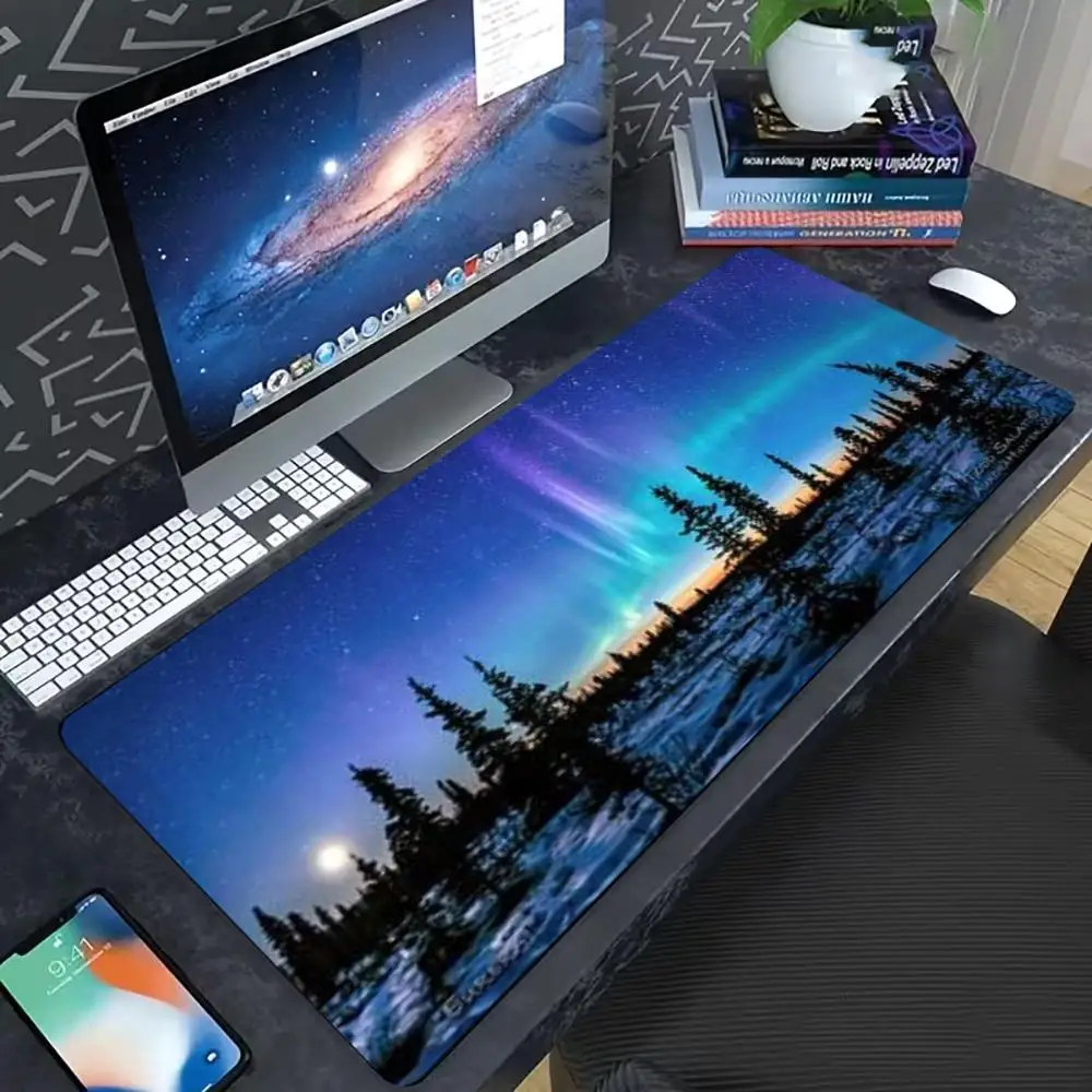 Northern Lights snowy Winter nature Scenery XXL Non-slip Rubber Stitched Edge mouse pad PC Laptop Nature LoversOffice Home Decor