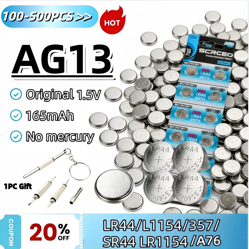 

100-500 шт. AG13 Высокоемкие щелочные батарейки-таблетки 1.5V с длительным сроком службы для калькуляторов, игрушек, пультов ДУ, часов LR44
