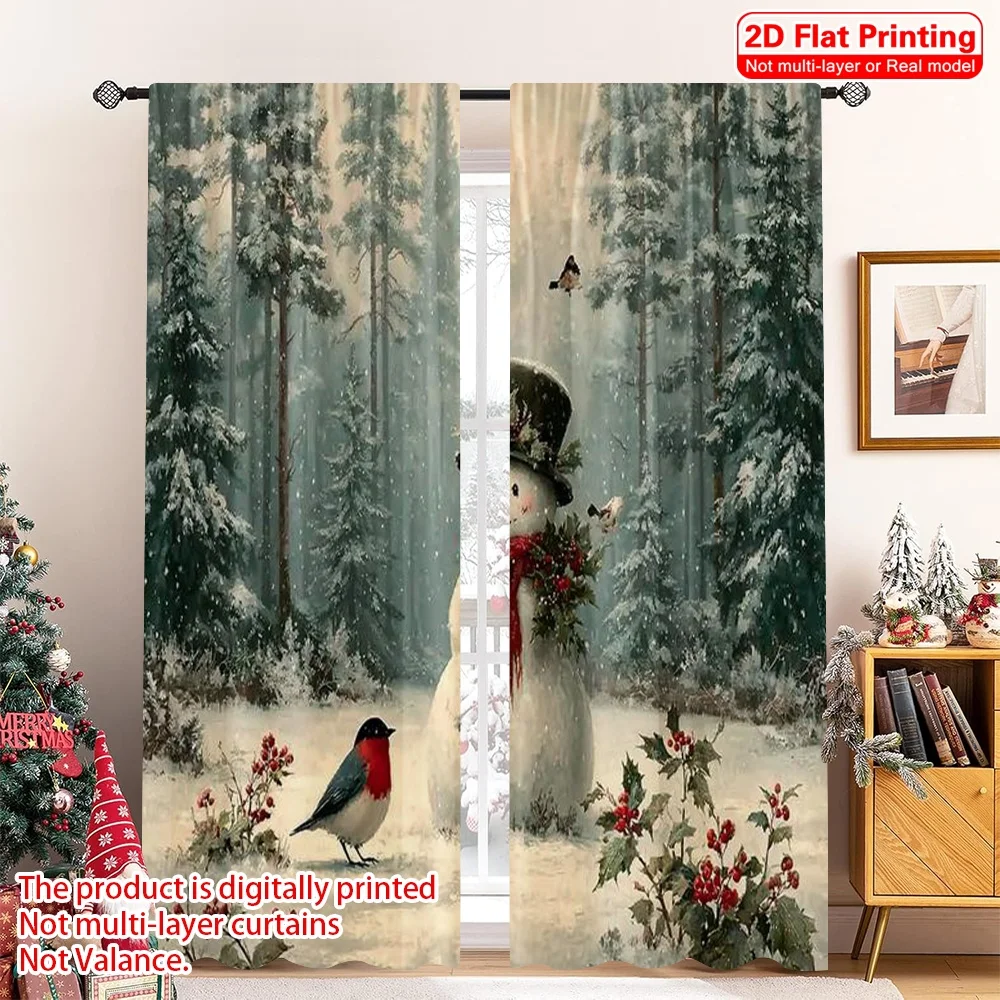 

2pcs 2D flat printing Merry Christmas Window Drapes Snowman winter Versatile Durable Polyester Without Electricity Versatile for
