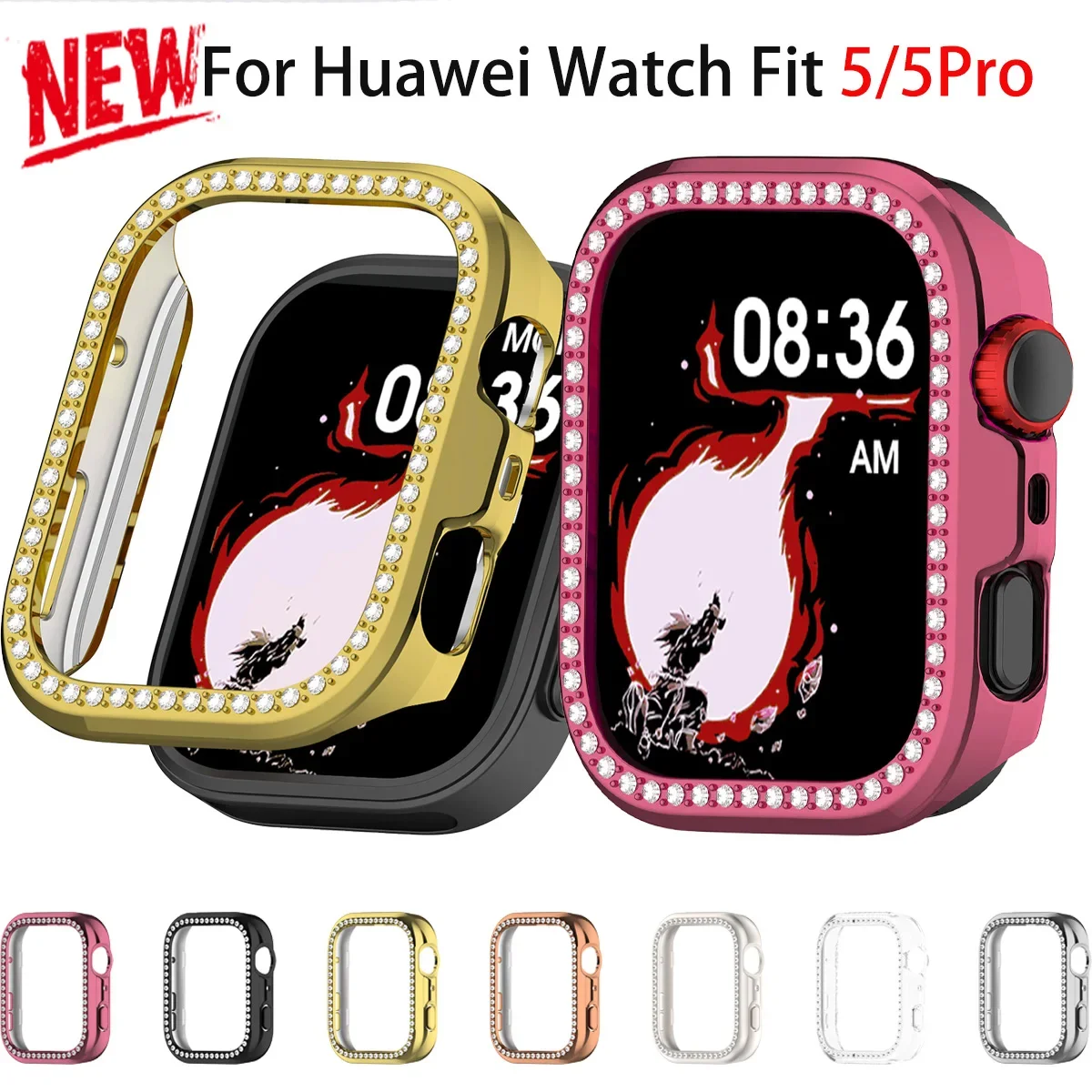 Women Diamond Case for Huawei Watch Fit 5/5Pro Hard PC Protector Bling Cover Shell for Huawei Band Fit 5Pro Shiny Bumper Frame