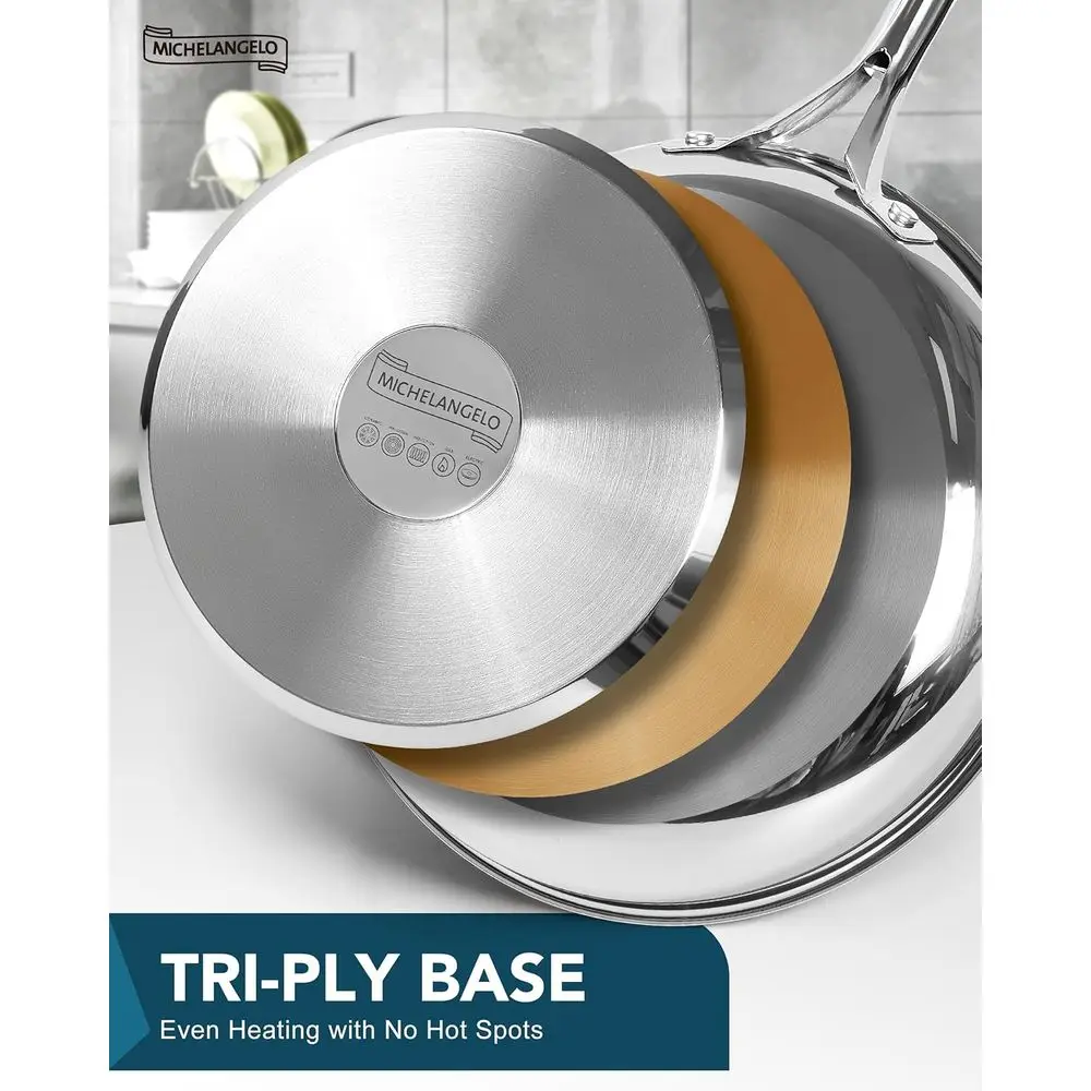 Juego de sartenes para freír de acero inoxidable de triple capa, 8, 9,5 y 11 tamaños, mango ergonómico, listo para inducción