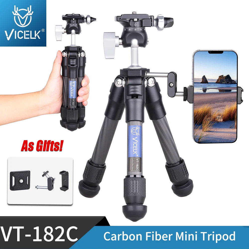 VT-182C Carbon Fiber Mini Tripod Compact Lightweight Portable Tabletop Tripods with Low Profile Ball Head for DSLR Camera Phone