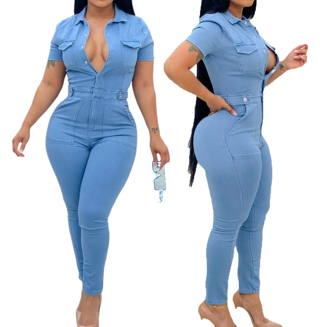 One Piece Women Denim Jumpsuits Turn Down Collar Full Sleeve Rompers Sheath Long Pants Overalls Sexy Slim Fit Hight Waist