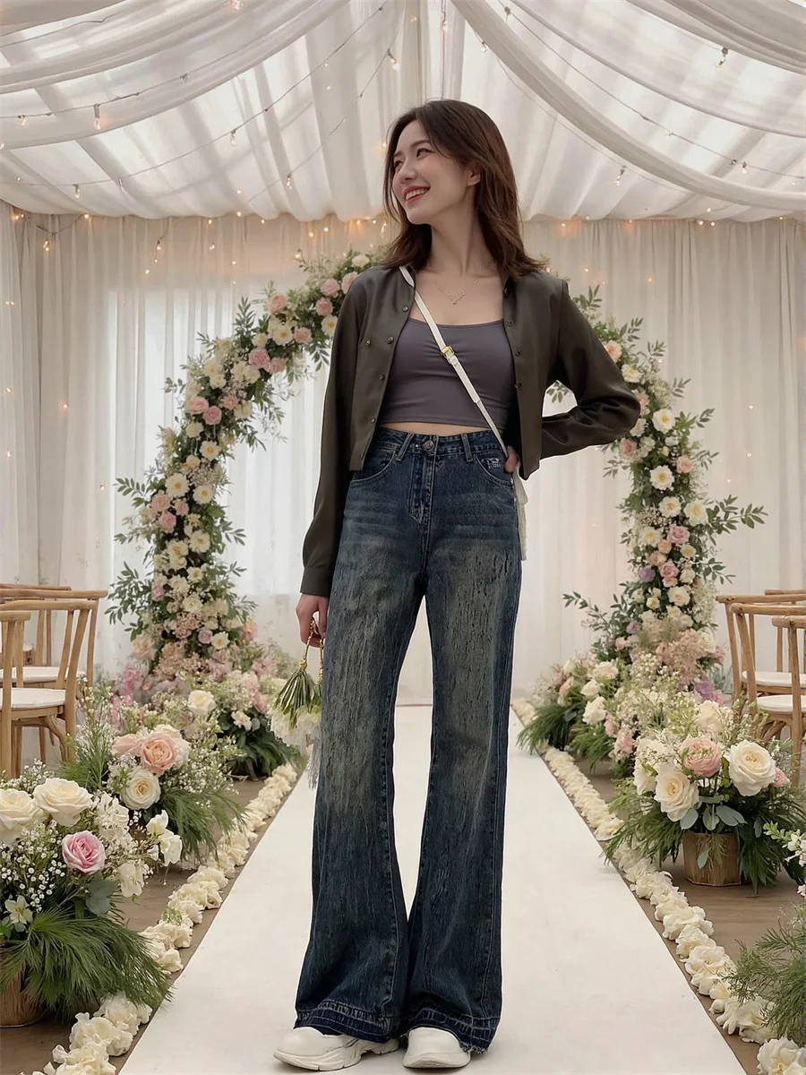 

Расклешенные потертые джинсы для девочек, новый стиль 20 лет, джинсовые брюки, женская одежда, весенняя внедорожная асимметричная школьная хипстерская одежда