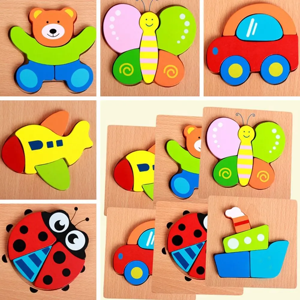 Puzzle Board Bright Color Animal and Vehicle Puzzles Cartoon Bear 3D Wooden Puzzle Butterfly Different Shapes Boys