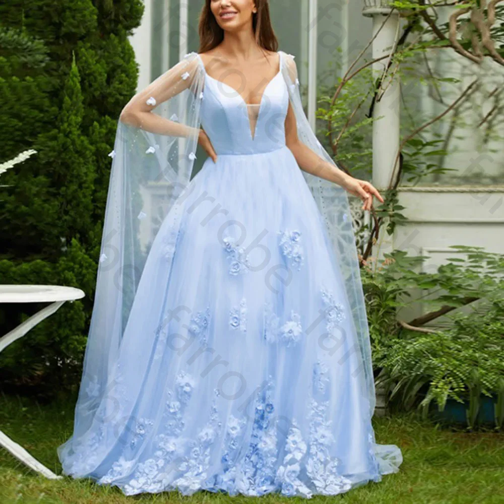 

Customized Fashion Blue Long Evening Dresses V Neck Applique With Diamond Tulle A-Line Princess Cloak Formal Prom Party Gowns