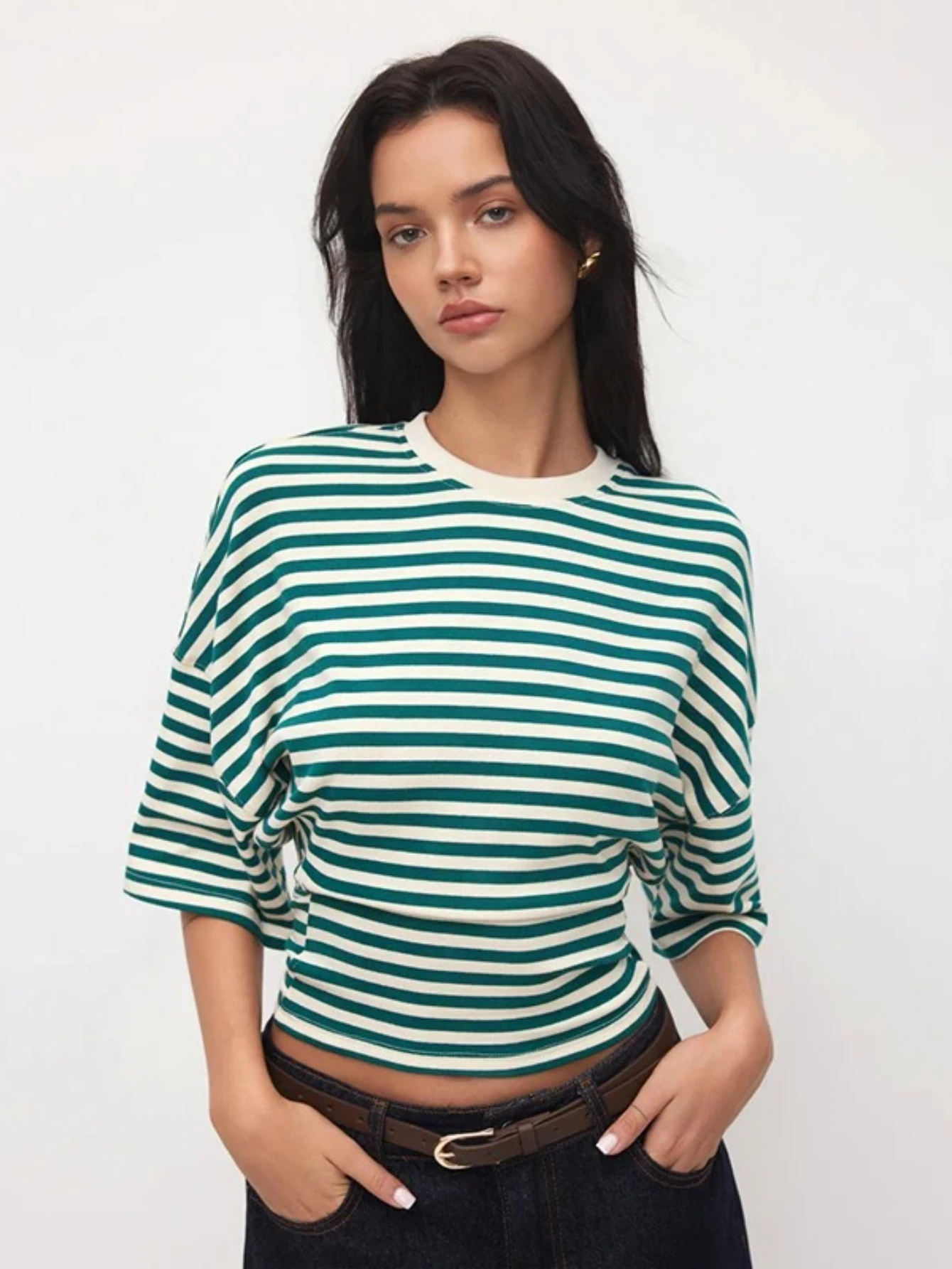 

Women'S Fall New Round Neck Pullover Irregular Stripe Mid-Sleeve Top T-Shirt Fashionable Minimalist Casual Streetwear
