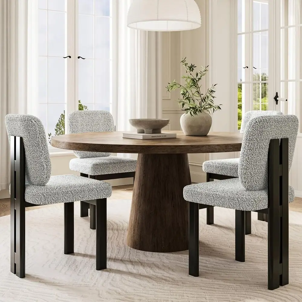 

4-Piece Grey Sherpa Upholstered Dining Chairs with Brown Wood Legs for Home and Restaurant Use