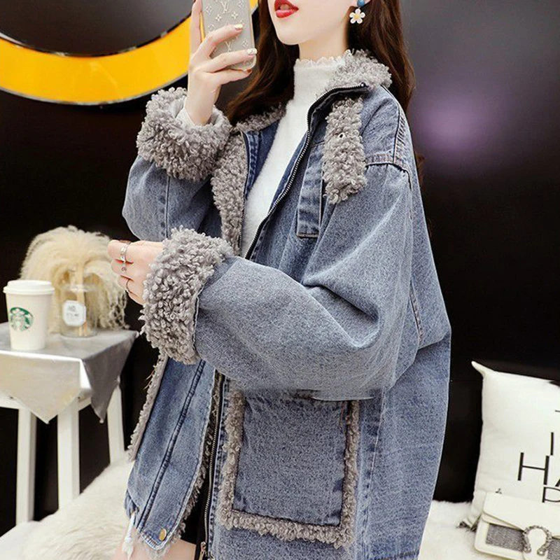 ขนแกะThicken DENIMแจ็คเก็ตผู้หญิงฤดูหนาว 2025 ใหม่VINTAGEหลวมกางเกงยีนส์Coat Parkas Chic CasualแขนยาวBomber Outwearหญิง