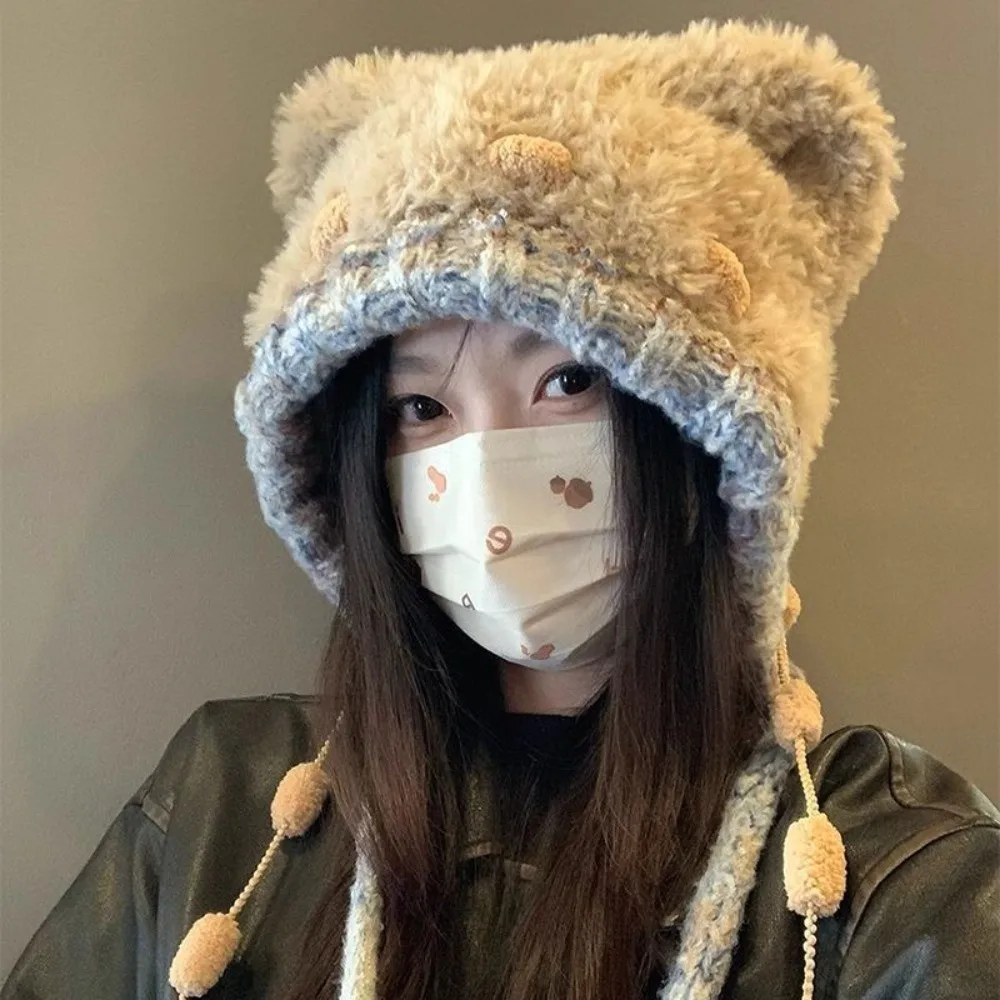 

Cute Bear Ears Shape Knitted Hat Winter Warm Ear Protection Bonnet Caps Windproof Thick Lei Feng Hat Outdoor Cycling Fishing