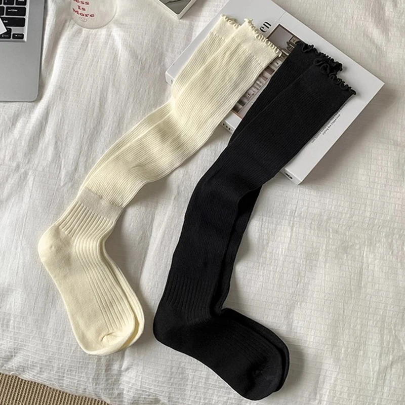 

2025 Autumn Winter Wood Ear Edge Long Socks Stockings Solid Color Lolita Soft Breathable Mesh Hollow Loose Stacked Knee Socks