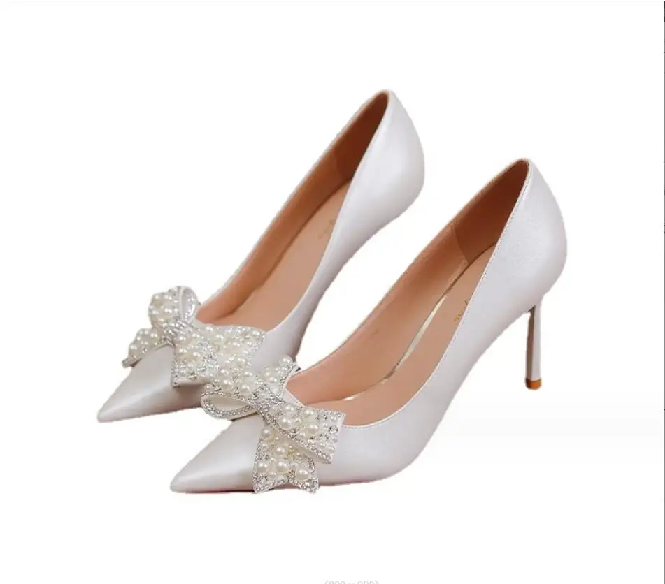 

New Rhinestone bow pearl High-heeled shoes Women Pumps Pointed Toe Sexy Slip-On Thin Heels PU Leather Party Wedding Lady Shoes