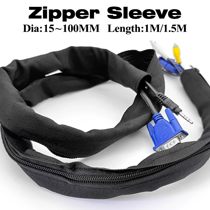 Black 16-100mm Anti-Tangle Zipper Cable Sleeve Dustproof Wire Cord Organizer Protector For Home Office Computer Cable Management