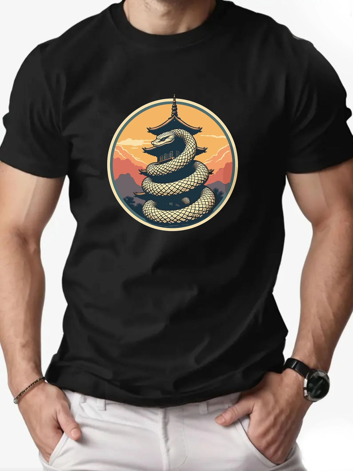 

Men's T-Shirt 100% Cotton Cartoon Animal Snake Print Summer Oversized Round Neck Breathable Casual Short Sleeve Fashion T Shirt