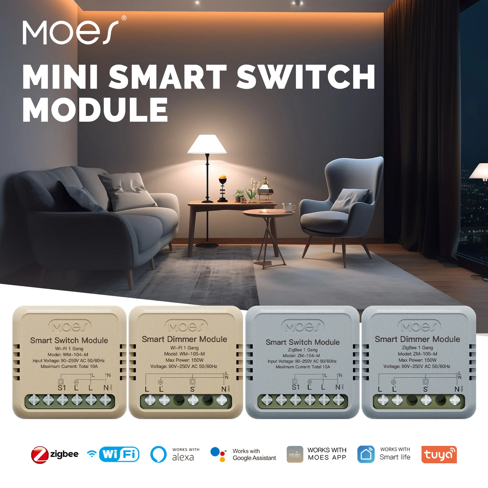 MOES Star Ring Series Mini Tuya WiFi/Zigbee Smart Switch DIY Module Light Switch 1/2 Gang Remote Control Work Alexa Google Home