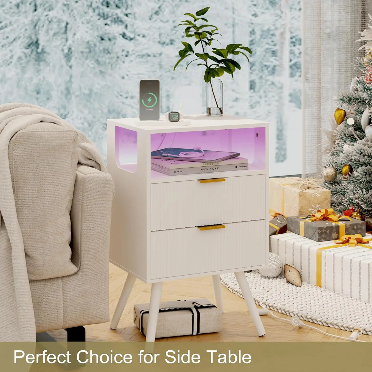 Bedroom Open Storage Blister Surface Drawer Cabinet LED Light Power Socket Bedside Table