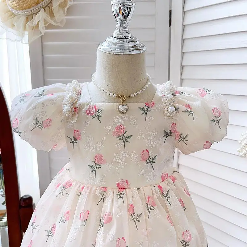 Vestido de princesa con lazo para niña, falda Floral con manga de burbuja, a la moda, novedad de verano 2024