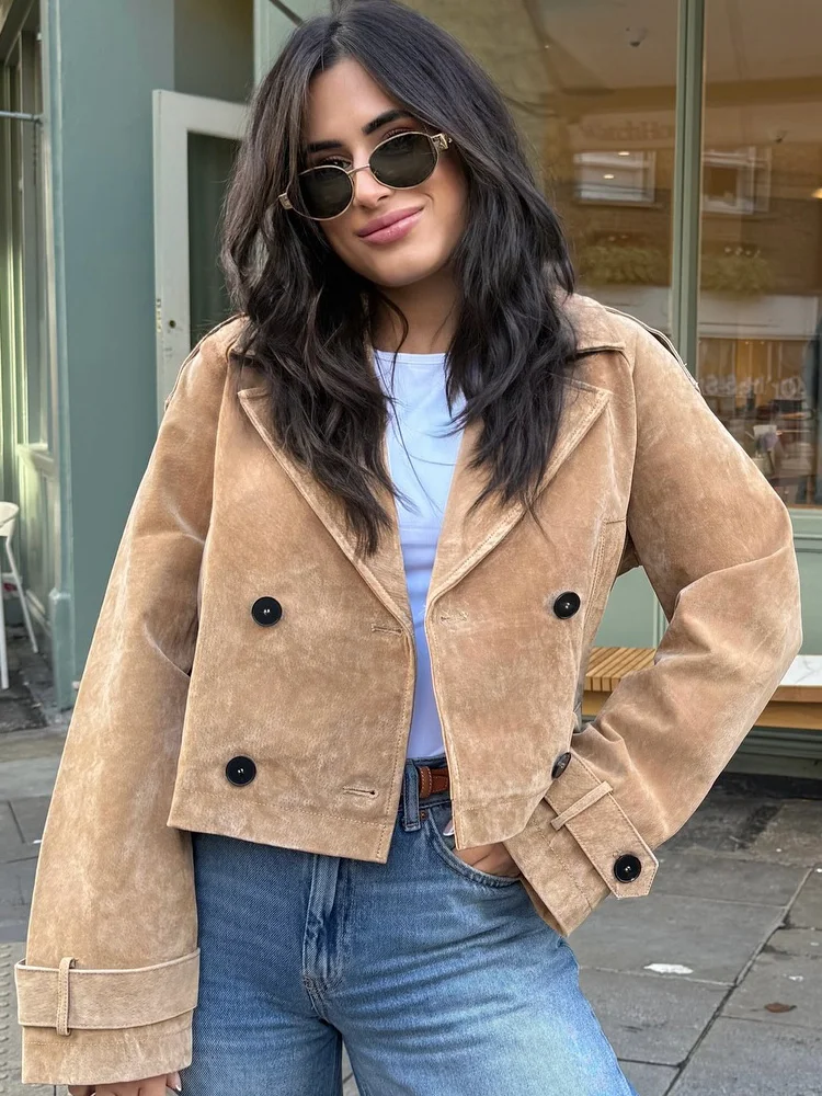 

TRAFZA Autumn Woman Chic Lapel Long Sleeves Short Coats Women Fashion Pocket Double-Breasted Design Casual High Street Jacket