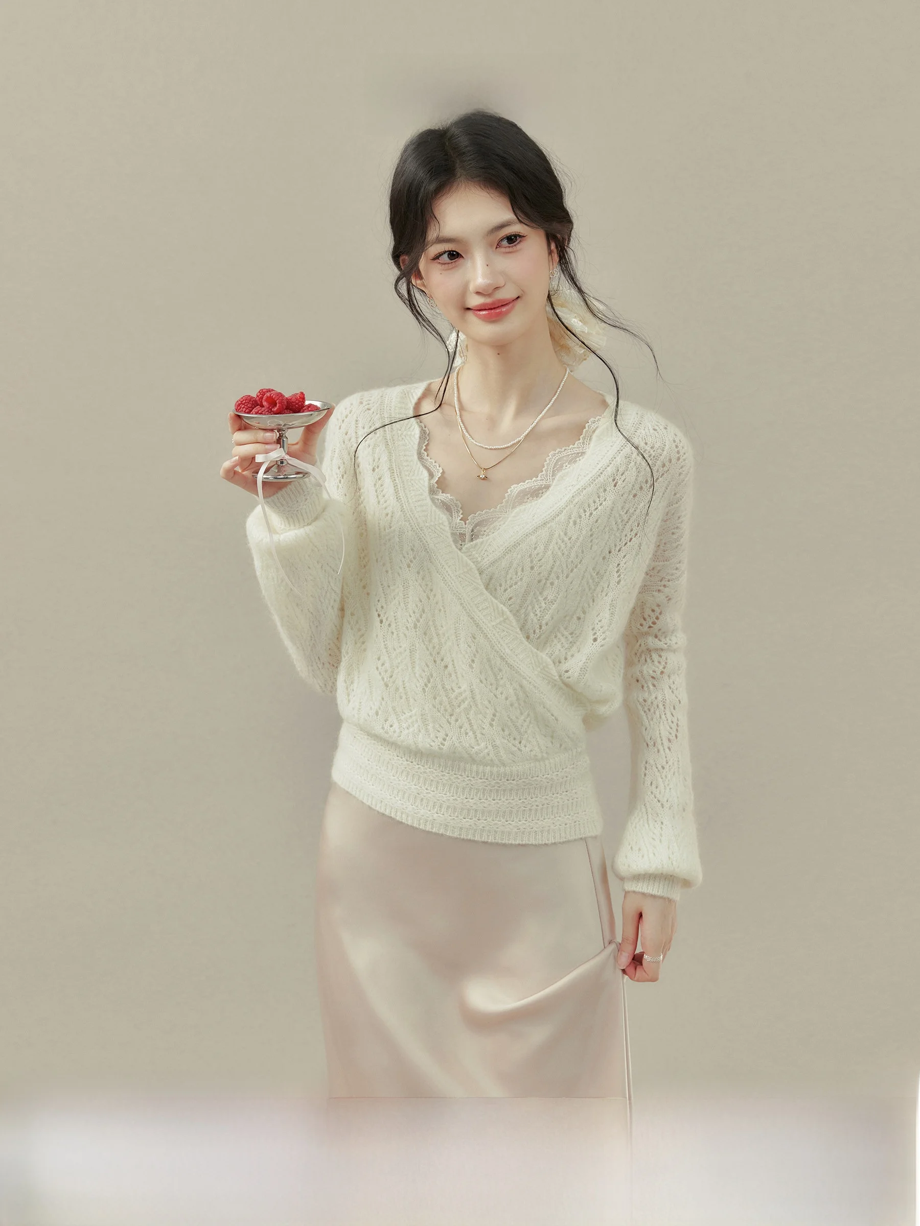 

Crossbody Long Sve V-Ne Women's Slim Fit Knitted Base irt Autumn Faionable Casual Wear Spring Wild Tour by Wang Xue