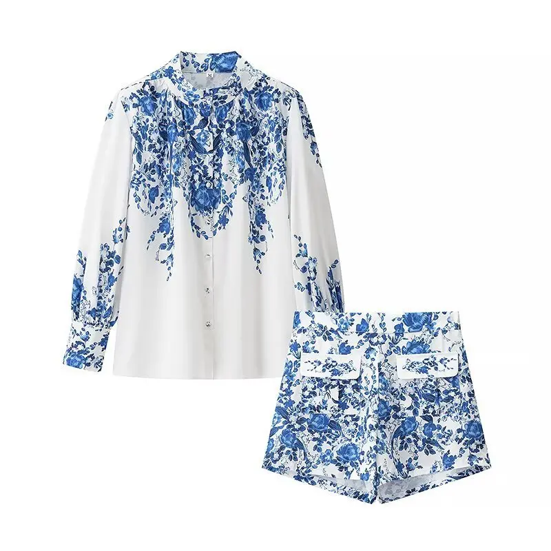 

Летний короткий комплект из двух предметов, новые женские винтажные блузки, рубашки, синие повседневные офисные рубашки с лацканами с цветочным принтом, топы + короткие с принтом