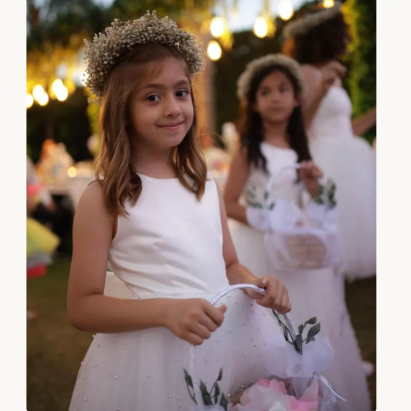 Vestido de Satén con Lazo Grande en V para Niña, Sin Mangas, con Perlas y Cuentas, Falda Midi de Tul, Vestido de Fiesta para Niñas, Boda, Dama de Honor, Bautizo, Comunión