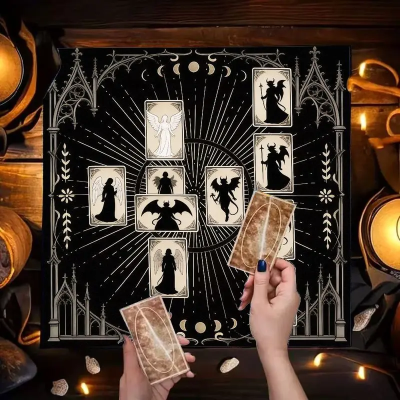 VIKAMA Gothic Angel Demon Tarot Table Cloth Black Moon Phase Altar Cloth Witch Divination Layout Pagan Ritual Table Decor