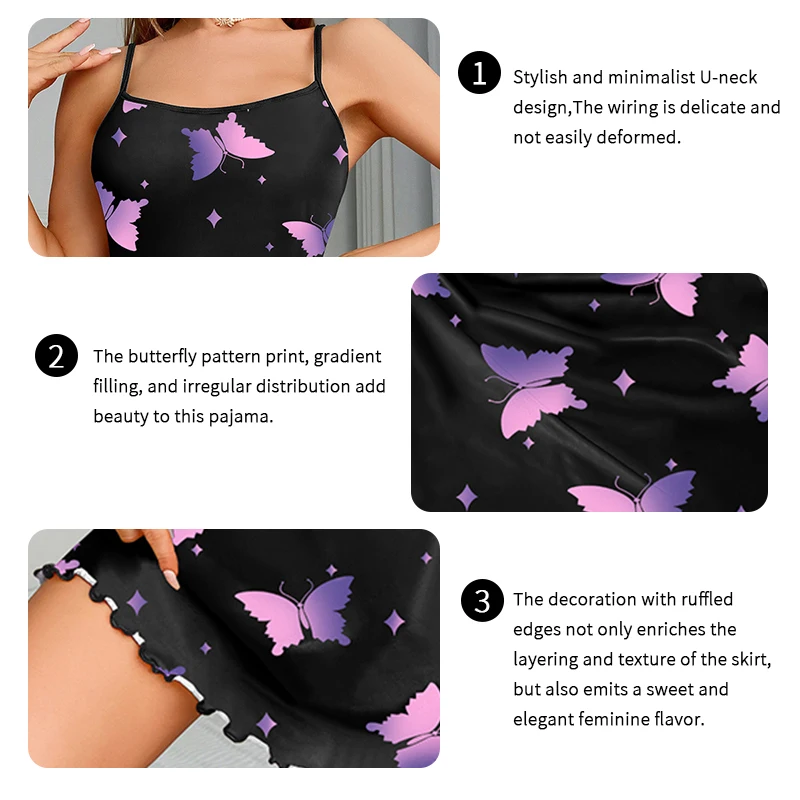 Women\'s Nightdress Butterfly Print Sleepwear Nightgown Sexy Backless Slip Night Dress Soft Comfortable Home Clothing Nightwear