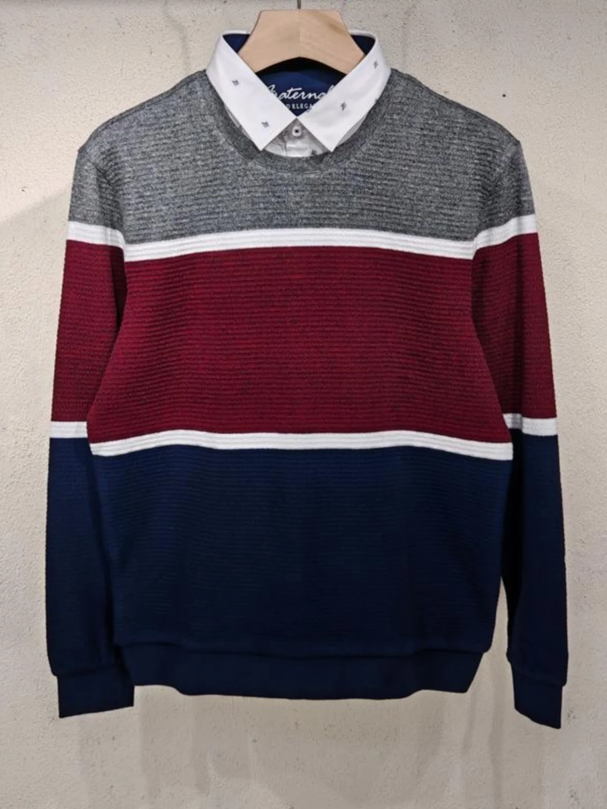 

Casual Knitted Sweater with irt Collar Fake Two-Piece Color Blo Design for Young Men Spring Faion Urban Sle Long Sve