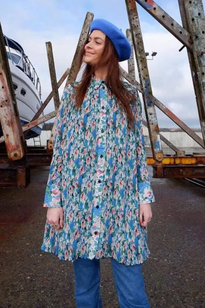 Français chemise élégante plissée à manches longues robe Nouveau 2023 Printemps Été Mode Bleu imprimé fleur Robe de soirée S-3XL