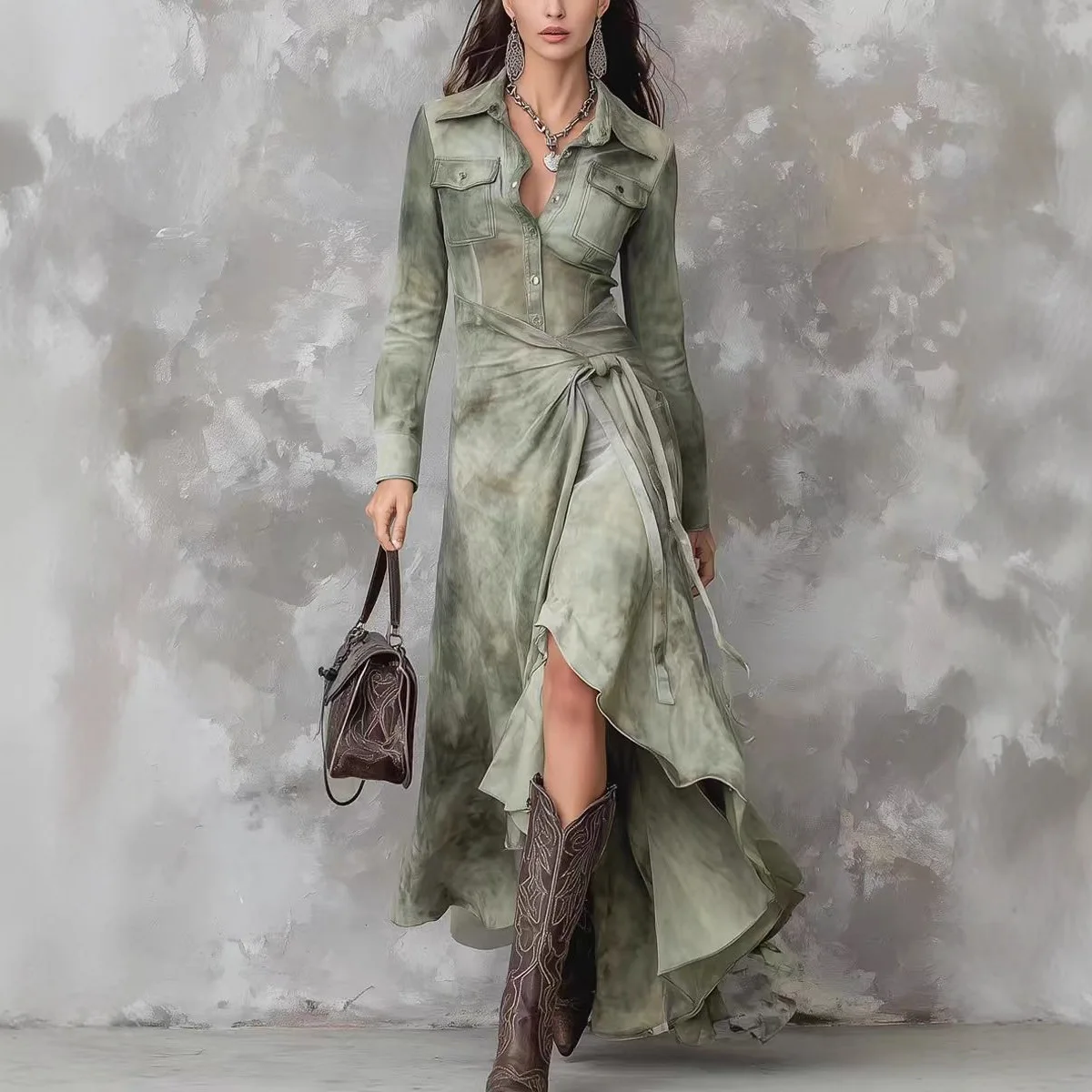 

2026 Amazon Independent Station New Printed Sleeve Retro Light National Style Vacation Long Dress