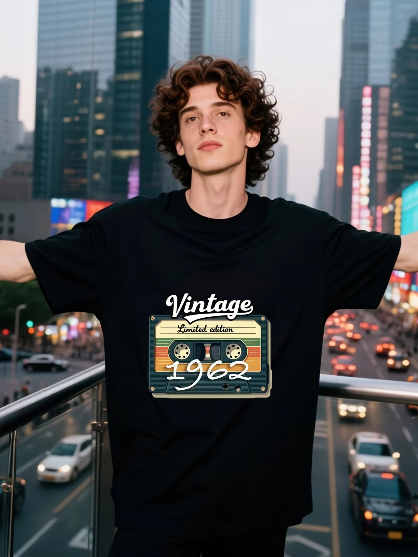 Vintage Cassette Tape Pattern Men's T-Shirt, Cool and Minimalist Style, Suitable for Casual Streetwear, Classic 1962 Limited Edition Design, A Must-Have Item for Trendy Youth, Urban Nightscape Background for an Even More  and Fashionable Look