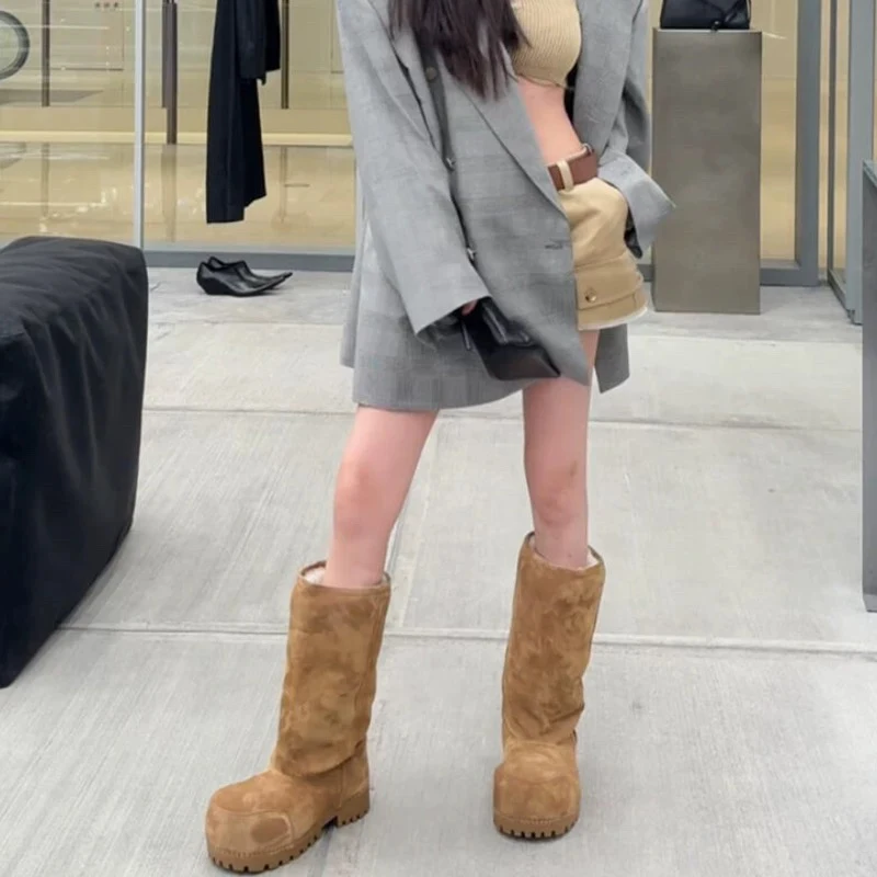 Fashion Winter Cotton Boots Brand Cold-proof Warm Plus Velvet Thick Bottom Cotton Shoes Daily Versatile Fat Head High Snow Boots