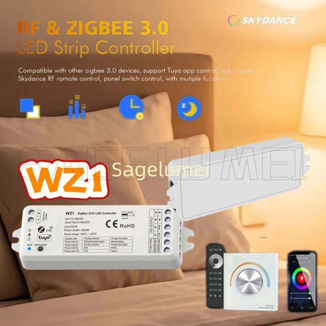 

Контроллер для одноцветных и CCT LED-лент WZ1, 2 канала, ZigBee 3.0 и RF, 2 канала, 12-36В, беспроводное дистанционное управление через приложение Tuya Cloud