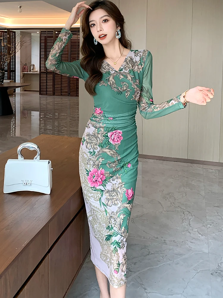 Primavera otoño verde Floral manga larga vestido con cuello en V mujeres elegantes Vestidos largos casuales 2024 moda coreana ceñido al cuerpo Vestidos de fiesta