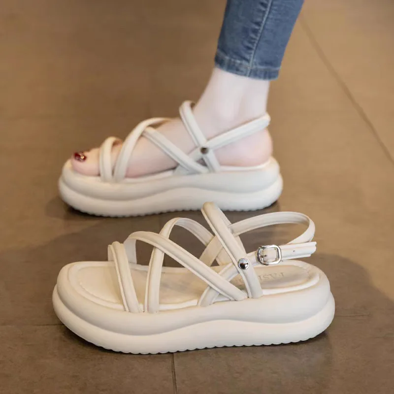 Flat Sandals Women 2025 New Summer Soft Sole Casual Roman Sandales Femmes Black White Cross Band Women\'s Shoes Sandalias Mujer