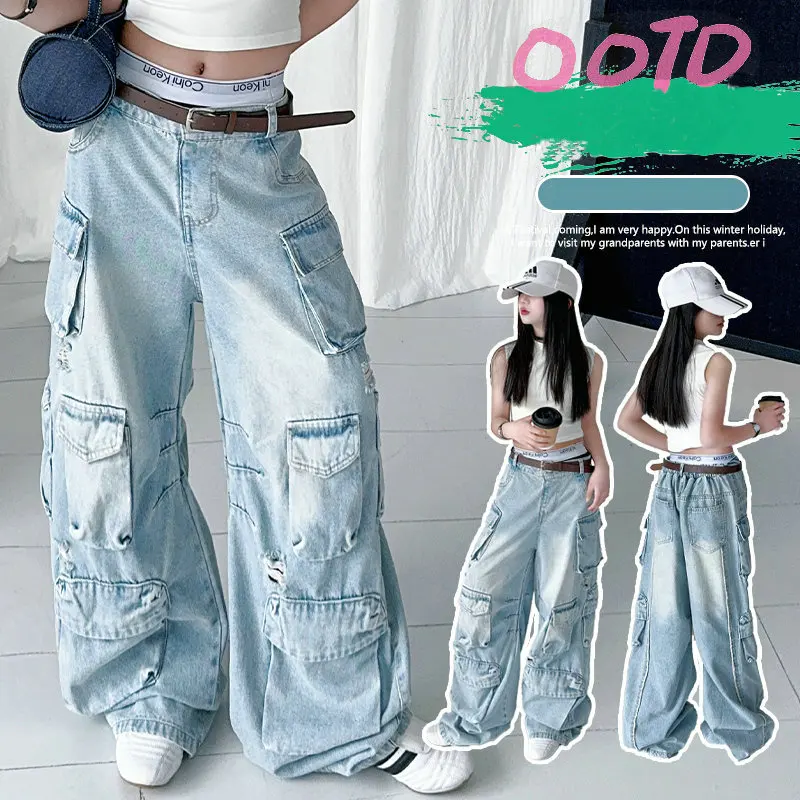 

spring summer teenager girls Cargo jeans Casual junior kids Multi pocket floor length pants Fashion child outfits clothes vest