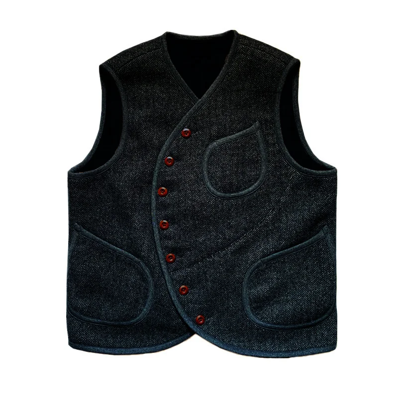 Men\'s Suit Vest Herringbone Wool Crew Neck Sleeveless Jacket Male Steampunk Waistcoat Vintage