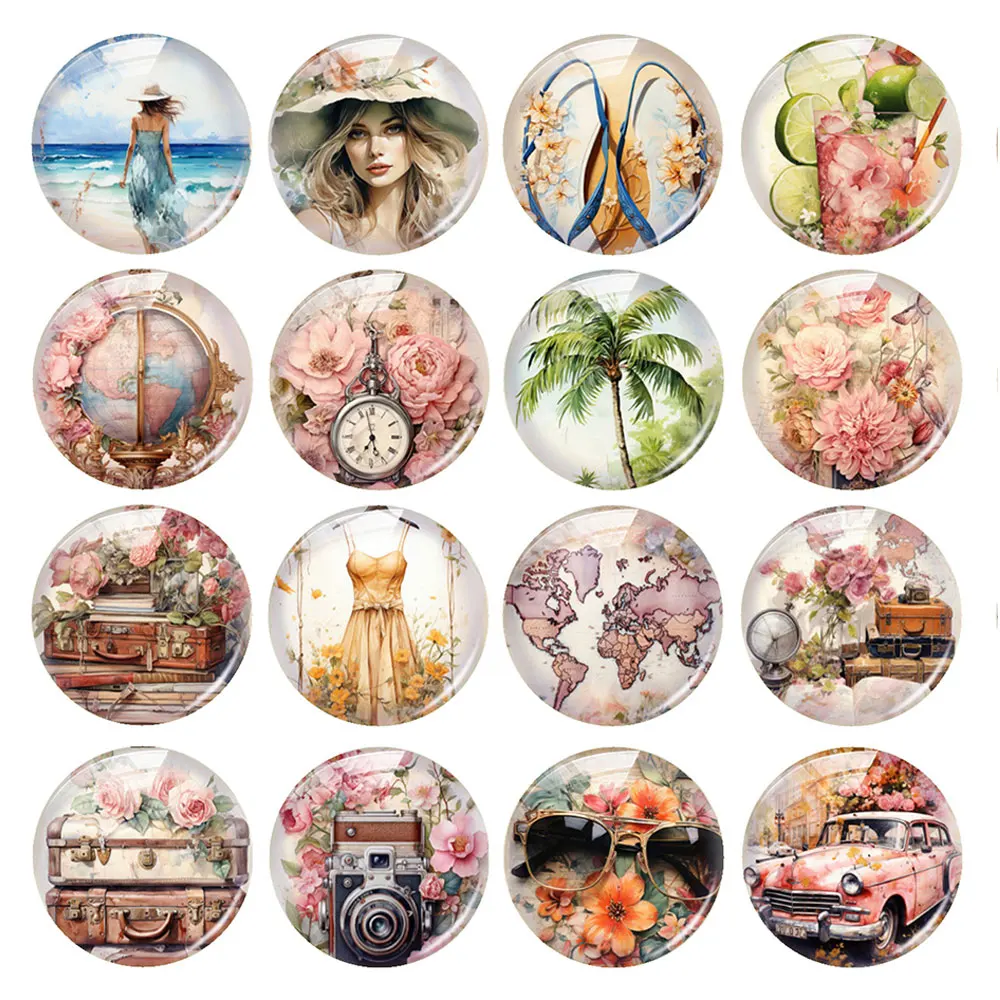 Random Mixed Round/Oval/Square Retro Beach Travel Theme Flower Photo Glass Cabochon Flatback Demo Cameo For Diy Jewelry Making