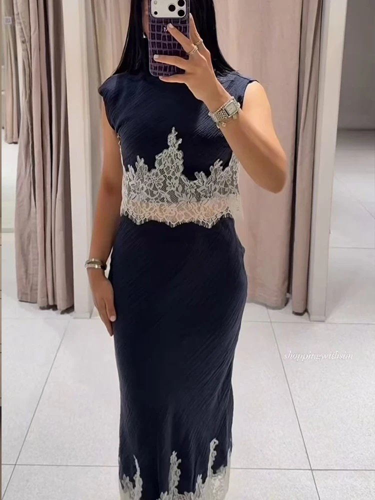 New Women 2 Piece Set Lace Patchwork Solid Slim Bodycon Street Style Sleeveless Tops And Midi Skirts Female Elegant Chic Suit image 4