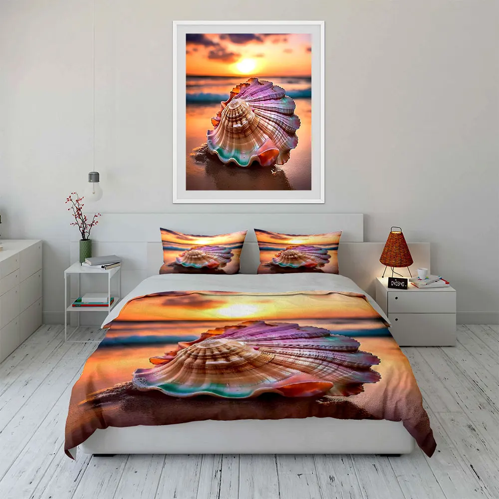 Colorful Shell and Sunset Beach Print Soft Comfortable Duvet Cover Bedding Set Included 1*Duvet Cover 2*Pillowcases Luxury Gift