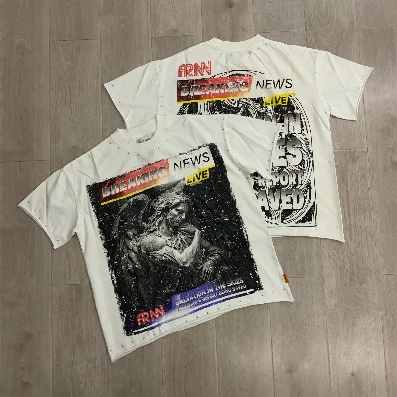 

Vintage FIRST ROW Crew Neck Tshirts Washed Diamond Cotton Men Short Sleeve Tee Rhineston T-shirts