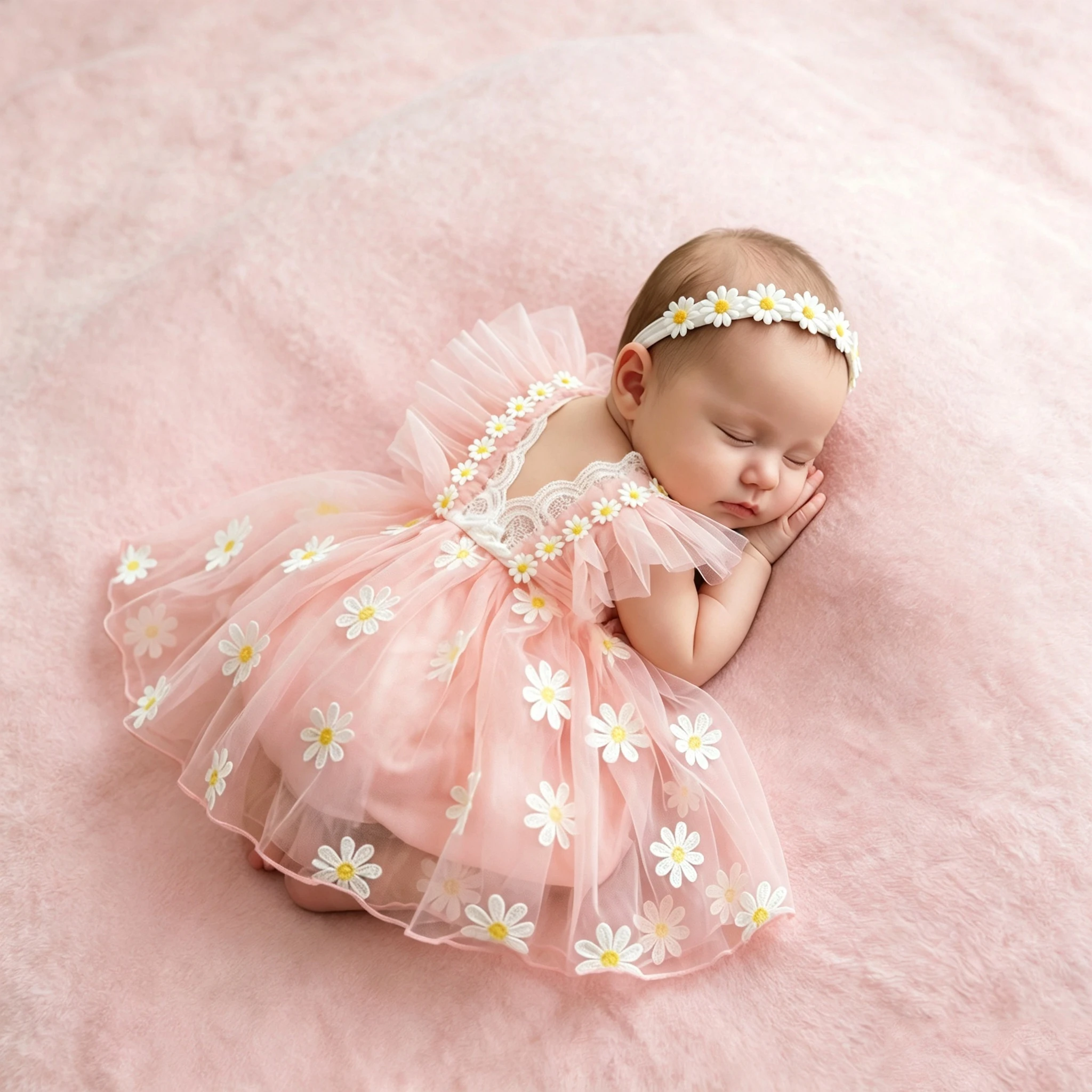 Ylsteed Newborn Photography Outfit Pink Tulle Tutu Dress Sleeveless Bodysuit Daisy Headband Infant Lace Ruffle Romper Dress-HD