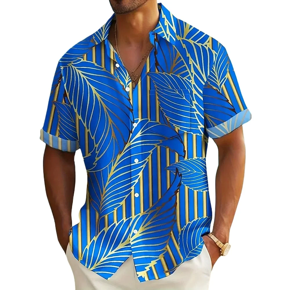 Summer Printed Shirt with Contrasting Stripes and Leaves for Boys Traveling on The Beach in Sanya, Short Sleeved