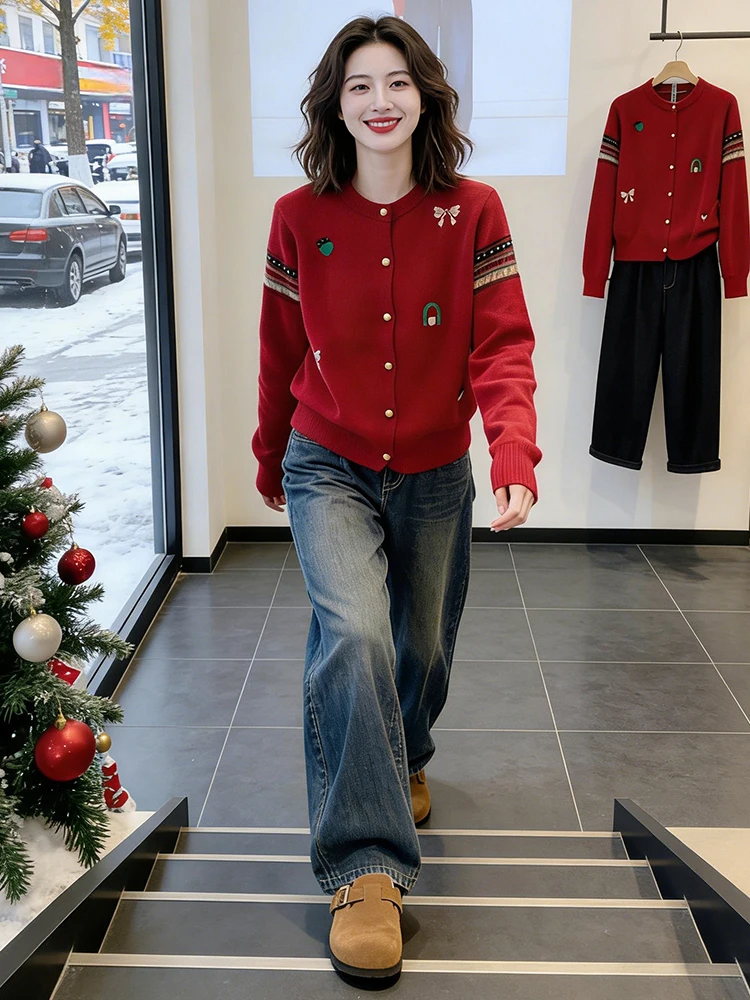 

Unique Knitted Cardigan round Ne Sweater Versatile Autumn Winter Faionable Women's Top Quali Breathable Comfortable