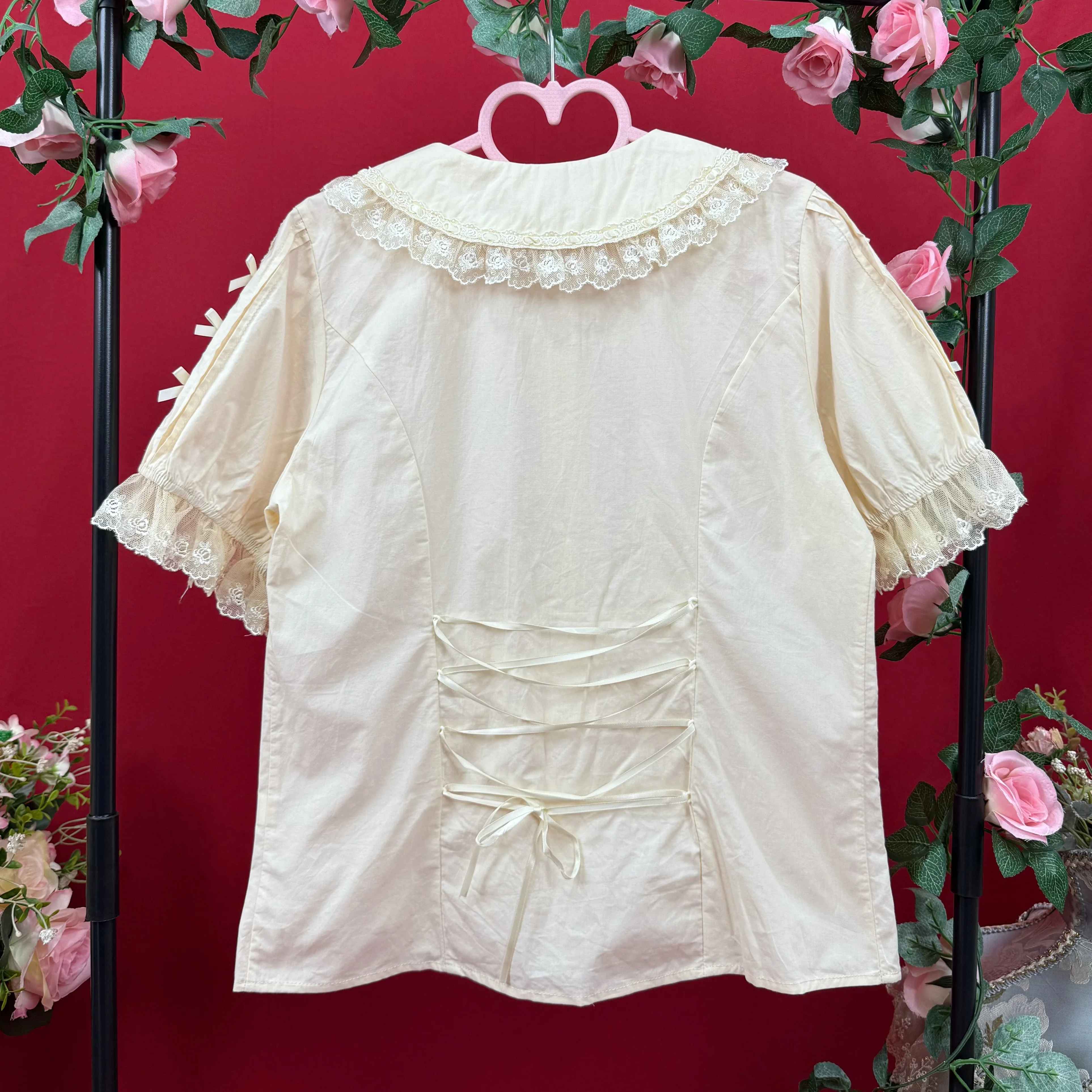 Elegant Lolita Sweet Peter Pan Collar Short-sleeve Shirt 2025 Summer Girl New Temperament Lace Bow Slim-fit Age-reducing Top